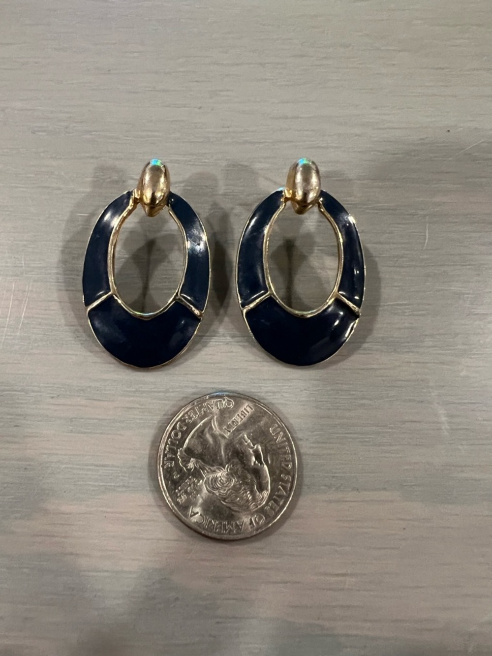 Navy and Gold Toned Vintage Retro Earrings
